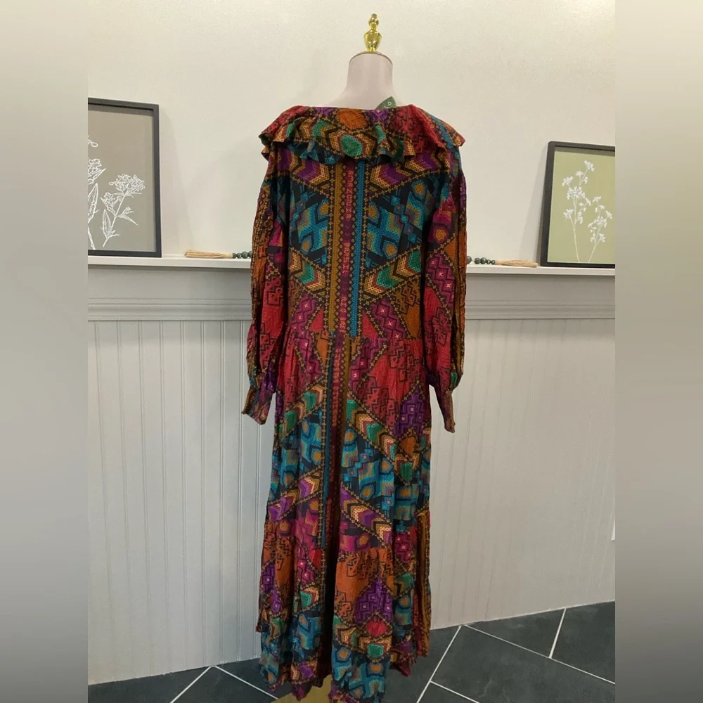 Farm Rio Yawanawá Stripes Maxi Dress NWT Beaded Buttons L/XL Boho - Picture 3 of 5